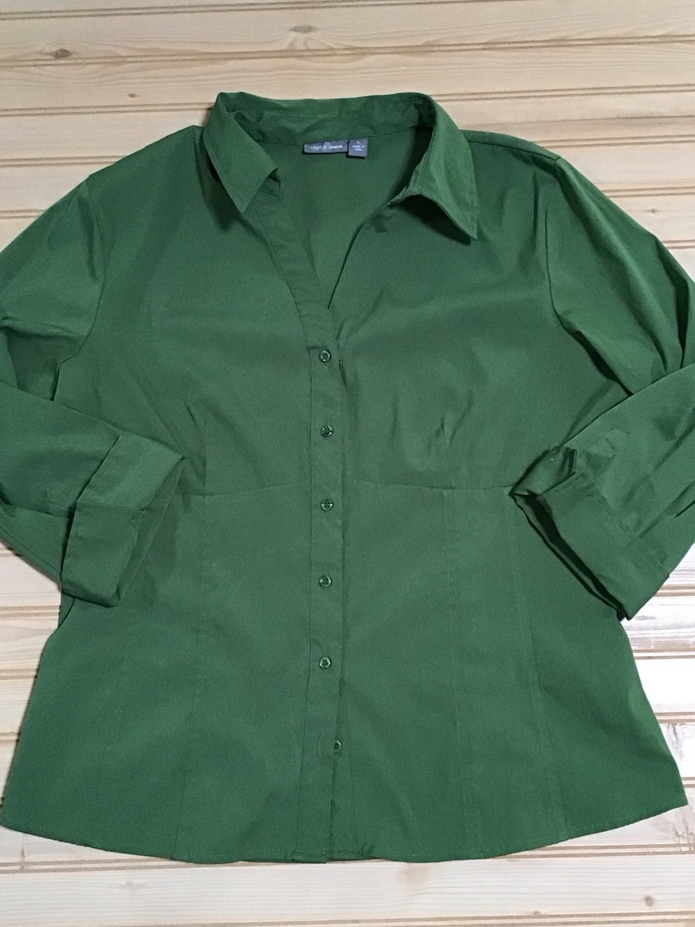 Apt 9 Moss Fern Green Button-Front Collared Tailored Stretch 3/4 Sleeve Large